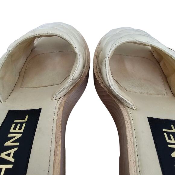 Chanel CC Wood Platform Sandal Slide Mule Size 39 US 8 8.5 Quilted Beige Leather - Picture 8 of 14